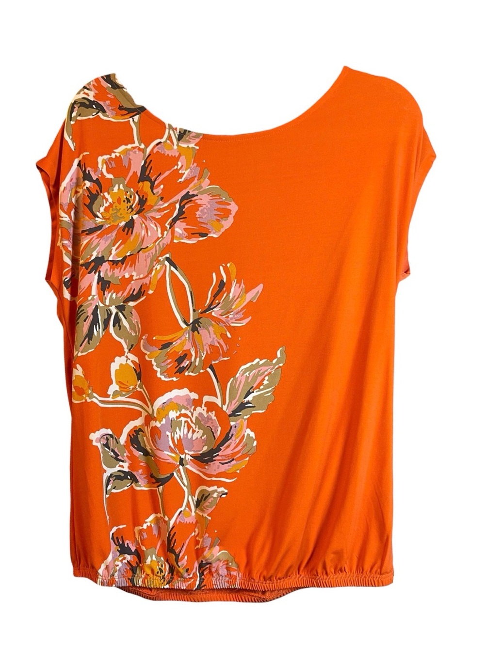 Bright Orange Floral Scoop-Neck Tunic Top